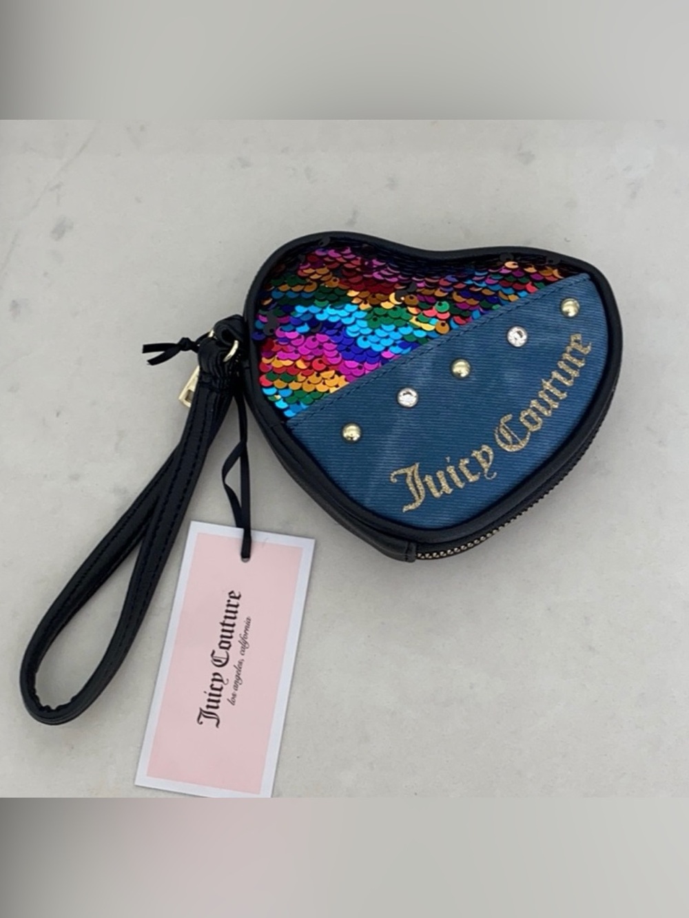 NWT Juicy Couture Multicolor Sequin & Denim Heart Wristlet Purse Women’s